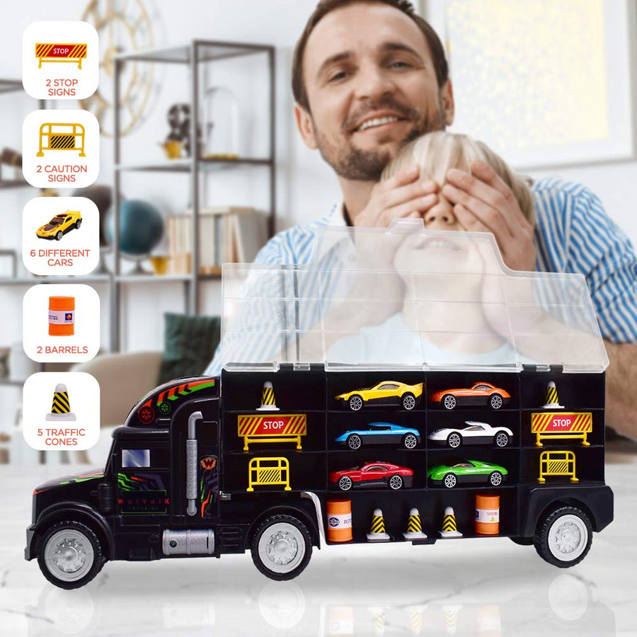 WolVolk Transport Car Carrier Truck Toy for Boys and Girls (Includes 6 Cars and 28 Slots)