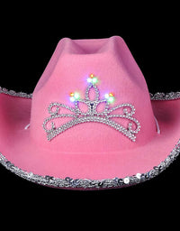 Light-Up Pink Kids Cowgirl Hat - (Pack of 2) Little Child Blinking Cowgirl Hats with Tiara and Neck Drawstring - Felt Cowboy Costume Accessories for Small Kids Party Hat and Play Dress-Up
