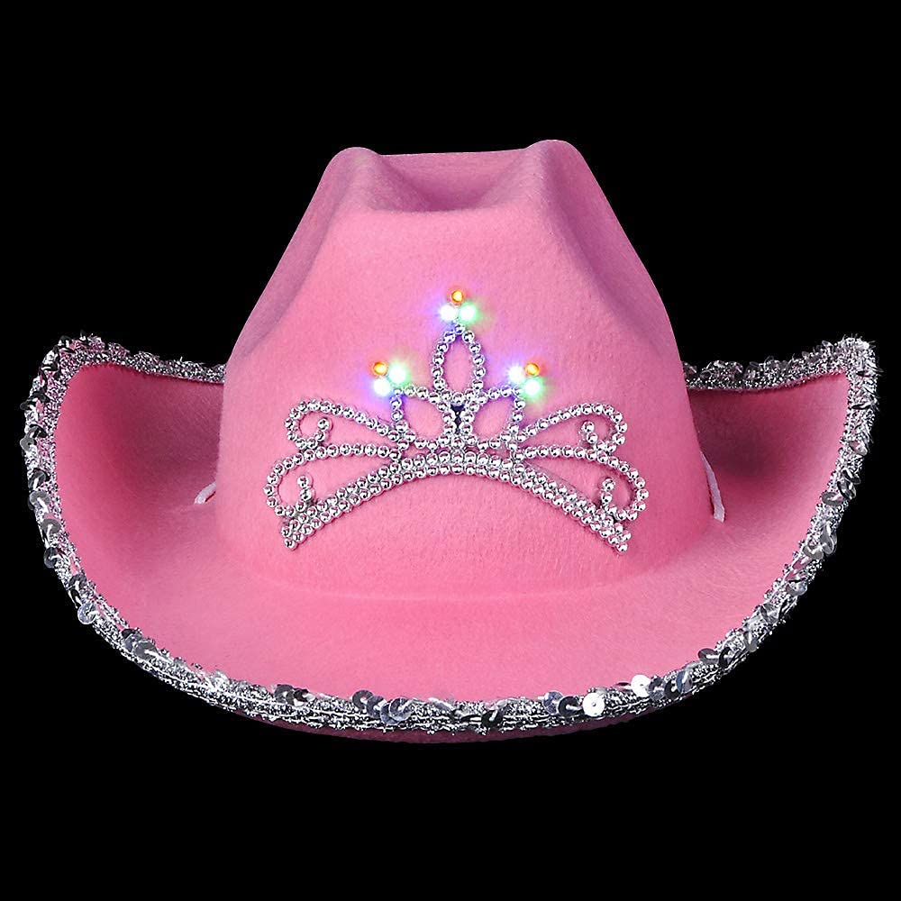 Light-Up Pink Kids Cowgirl Hat - (Pack of 2) Little Child Blinking Cowgirl Hats with Tiara and Neck Drawstring - Felt Cowboy Costume Accessories for Small Kids Party Hat and Play Dress-Up