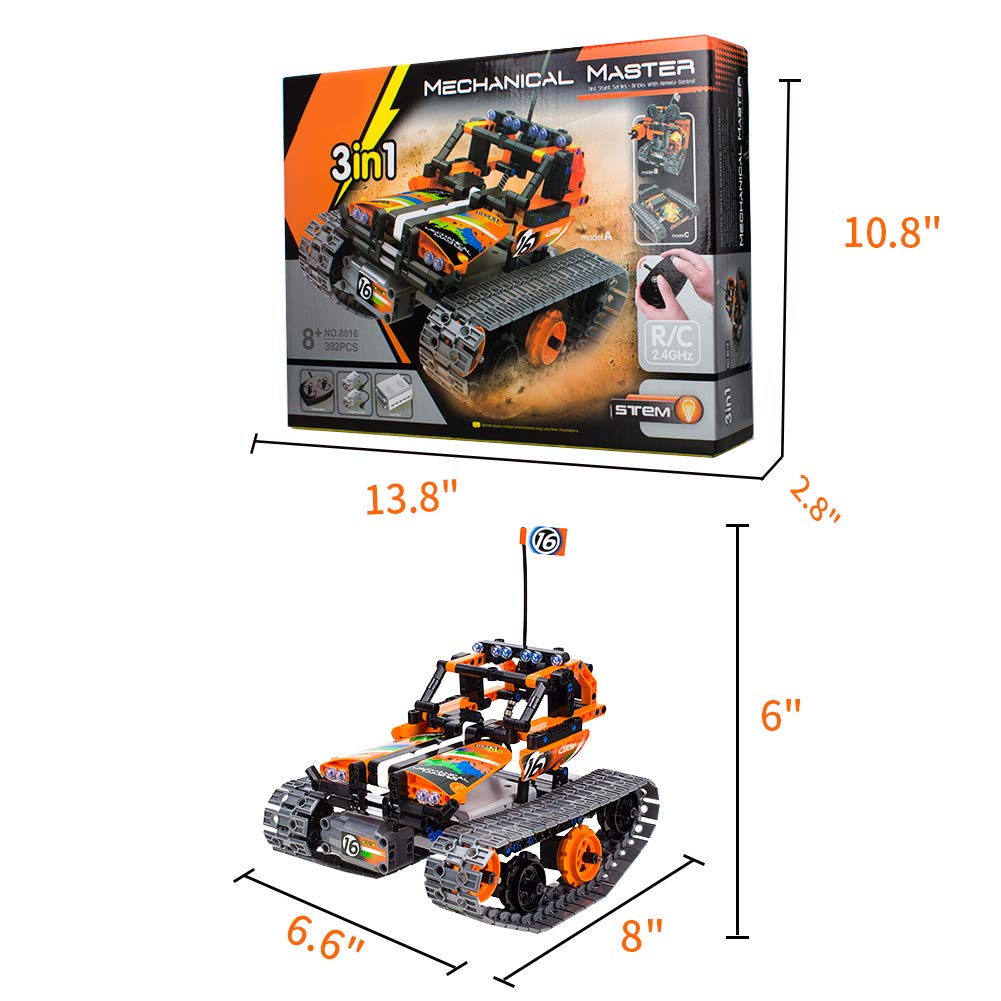 3-in-1 STEM Remote Control Building Kits-Tracked Car/Robot/Tank, 2.4Ghz Rechargeable RC Racer Toy Set Gift for 8-12,14 Year Old Boys and Girls, Best Engineering Science Learning Kit for Kids (392pcs)
