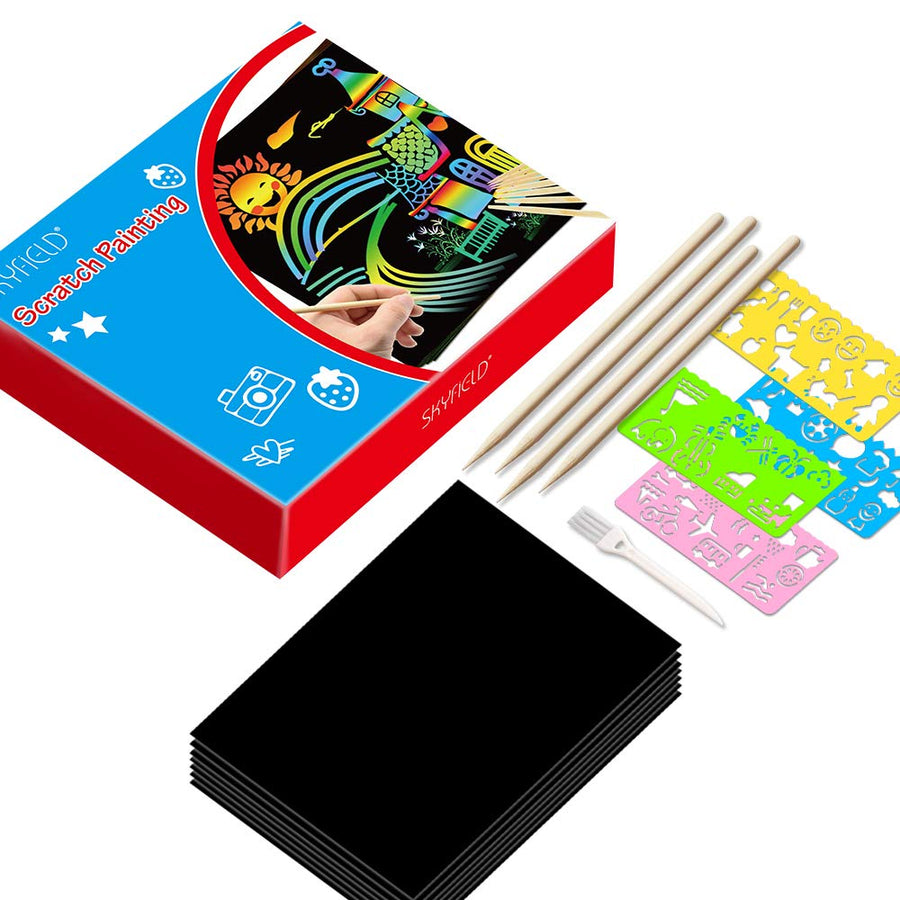 Scratch Paper Art Set, 100 Sheets Rainbow Magic Scratch Art Black Scratch it Off Paper Crafts Notes Drawing Boards Sheet with 10 Wooden Stylus and 4 Stencils for Kids DIY Christmas Birthday Gift Card