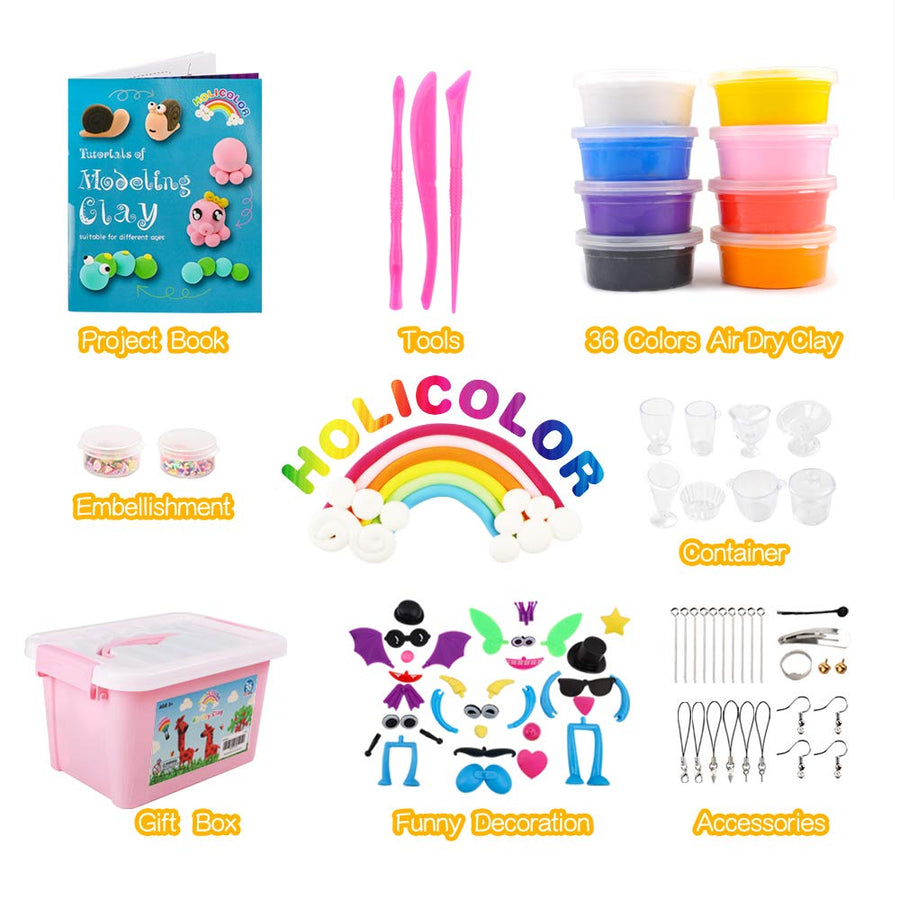 HOLICOLOR Air Dry Clay Kit, 36 Colors Magic Clay Ultra Light Modeling Clay for Kids with Accessories, Tools and Tutorials, Arts and Crafts Gift for Kids Age 3-12 Year Olds