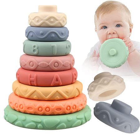 8 Pcs Stacking Rings Soft Toys for Babies 6 12 18 Months 1 Year Old Girls Boys - Toddlers Sensory Educational Montessori Baby Blocks - Infant Newborn Developmental Teething Learning Stacker