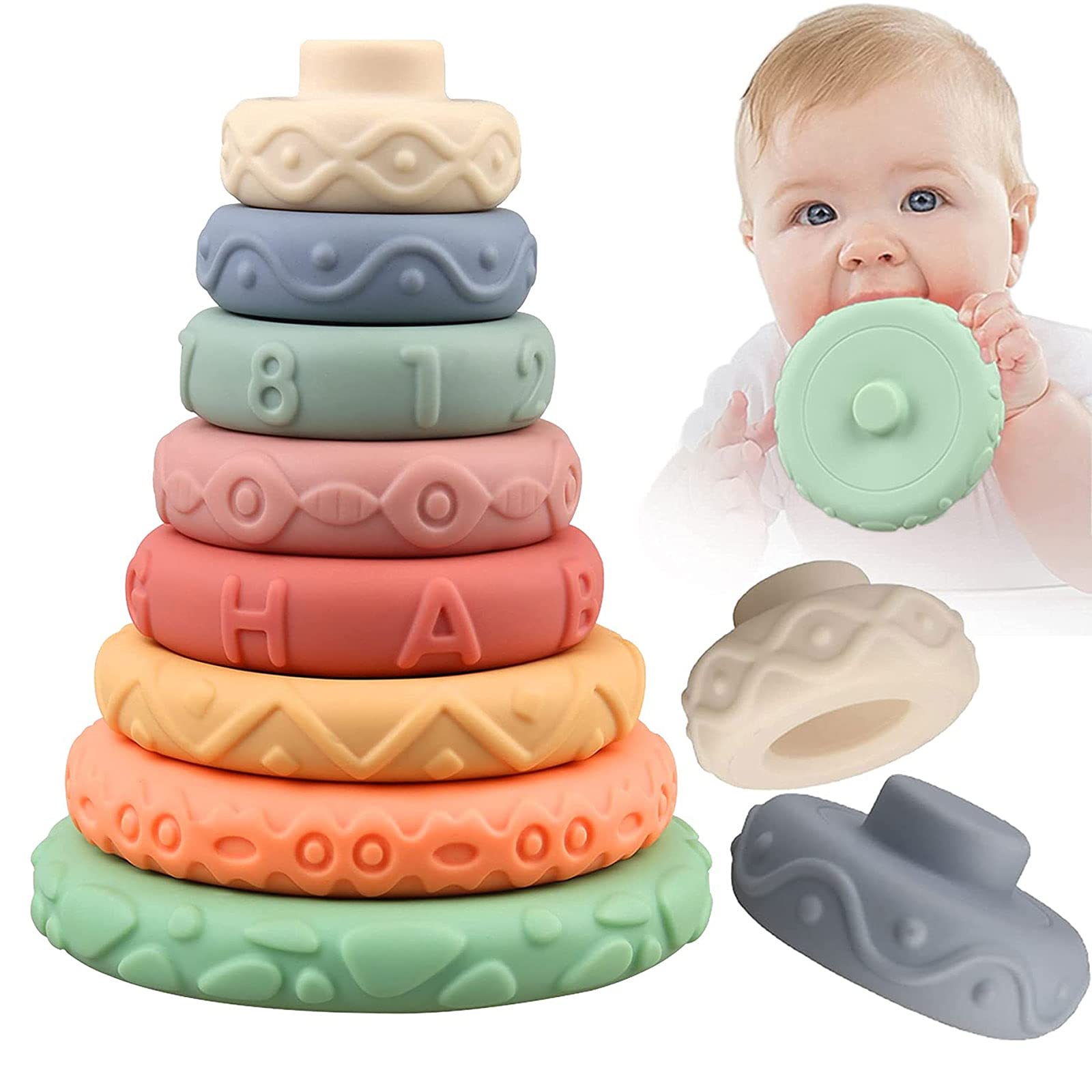 8 Pcs Stacking Rings Soft Toys for Babies 6 12 18 Months 1 Year Old Girls Boys - Toddlers Sensory Educational Montessori Baby Blocks - Infant Newborn Developmental Teething Learning Stacker
