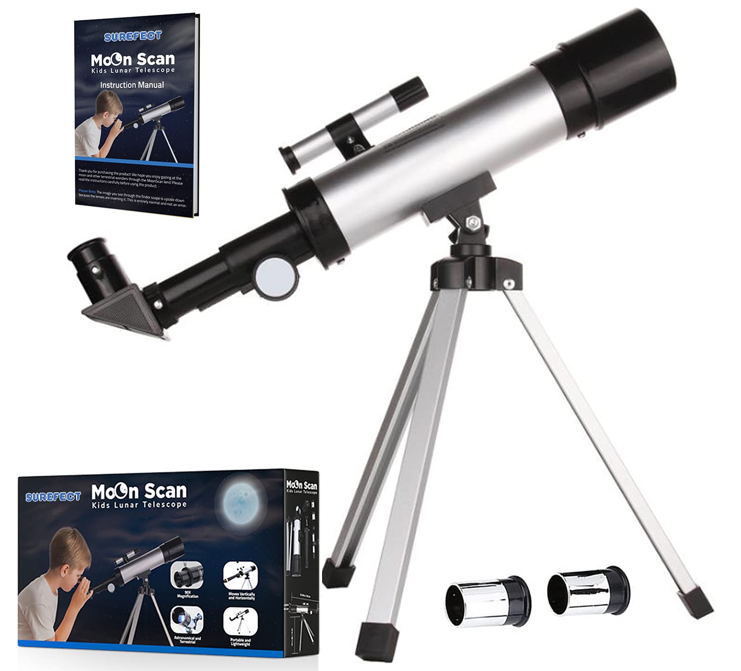 Surefect Nasa Lunar Telescope for Kids Capable of 90x Magnification, Includes 2 Eyepieces - Portable & Easy To Use Lightweight Portable Telescope