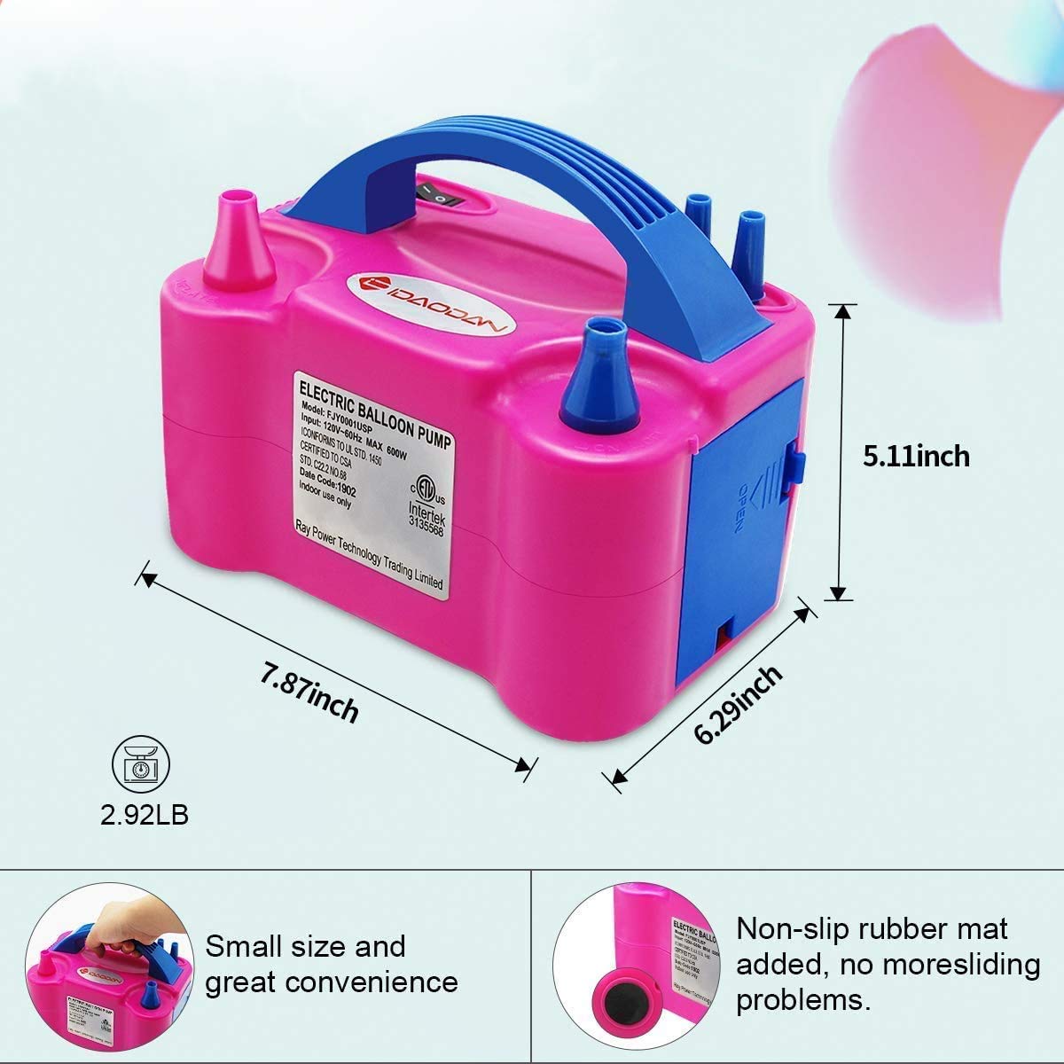 IDAODAN Portable Dual Nozzle Rose Red 110V 600W Electric Balloon Blower Pump/Electric Balloon Inflator For Decoration