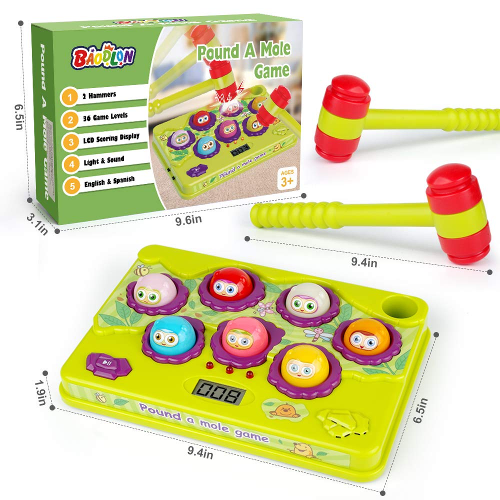 BAODLON Interactive Pound a Mole Game, Toddler Toys, Light-Up Musical Pounding Toy, Early Developmental Toy, Fun Gift for Age 2, 3, 4, 5 Years Old Kids, Boys, Girls, 2 Soft Hammers Included