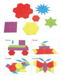 GEMEM 155 Pcs Wooden Pattern Blocks Set Geometric Shape Puzzle Kindergarten Classic Educational Montessori Tangram Toys for Kids Ages 4-8 with 24 Pcs Design Cards
