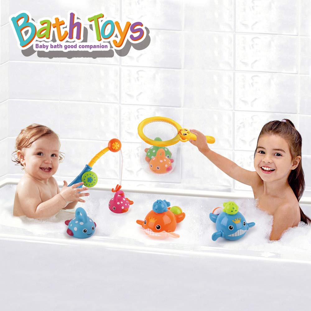 Dwi Dowellin Bath Toys Mold Free Fishing Games Swimming Whales BPA Free Water Table Pool Bath Time Bathtub Tub Toy for Toddlers Baby Kids Infant Girls Boys Age 1 2 3 4 5 6 Years Old Bathroom Fish Set