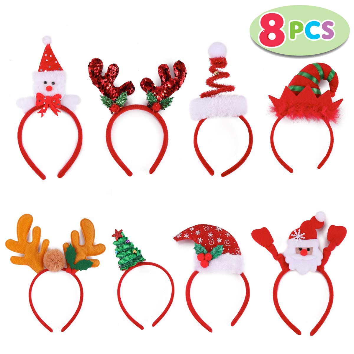 Pack of 8 Christmas Headbands with Different Designs for Christmas and Holiday Parties (ONE Size FIT ALLL) Red