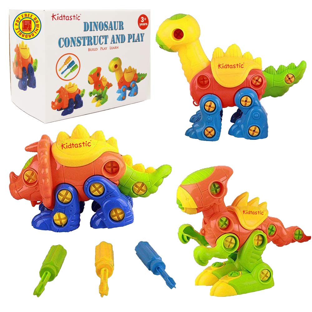 Kidtastic Dinosaur Toys, STEM Learning (106 pieces), Take Apart Fun (Pack of 3), Construction Engineering Building Play Set For Boys Girls Toddlers, Best Toy Gift Kids Ages 3yr – 6yr, 3 Years and Up