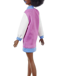 Barbie Fashionistas Doll #156 with Brunette Afro & Blue Lips Wearing Graphic Coat Dress & Yellow Shoes, Toy for Kids 3 to 8 Years Old
