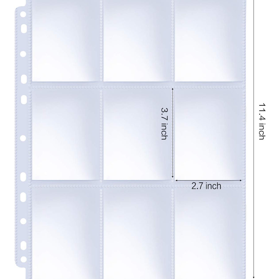 HERKKA Trading Card Sleeve Pages, 100 Pack 9 Pocket Trading Card Storage Album Pages 11 Holes Fit 3 Ring Binder