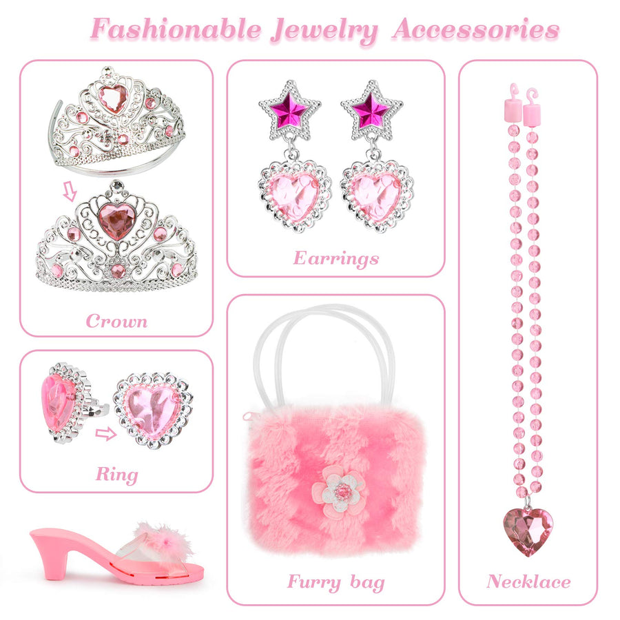 Jaolex Princess Toddler Dress Up Shoes and Pretend Jewelry Toys Set -3 Pairs of Shoes with Tiara Crown Earrings Necklaces Ring Handbag Role Play Collection Shoes Set for Girls Aged 3-6 Years Old