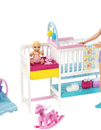 Barbie Nursery Playset with Skipper Babysitters Doll, 2 Baby Dolls, Crib and 10+ Pieces of Working Baby Gear and Themed Toys, Gift Set for 3 to 7 Year Olds, Multicolor
