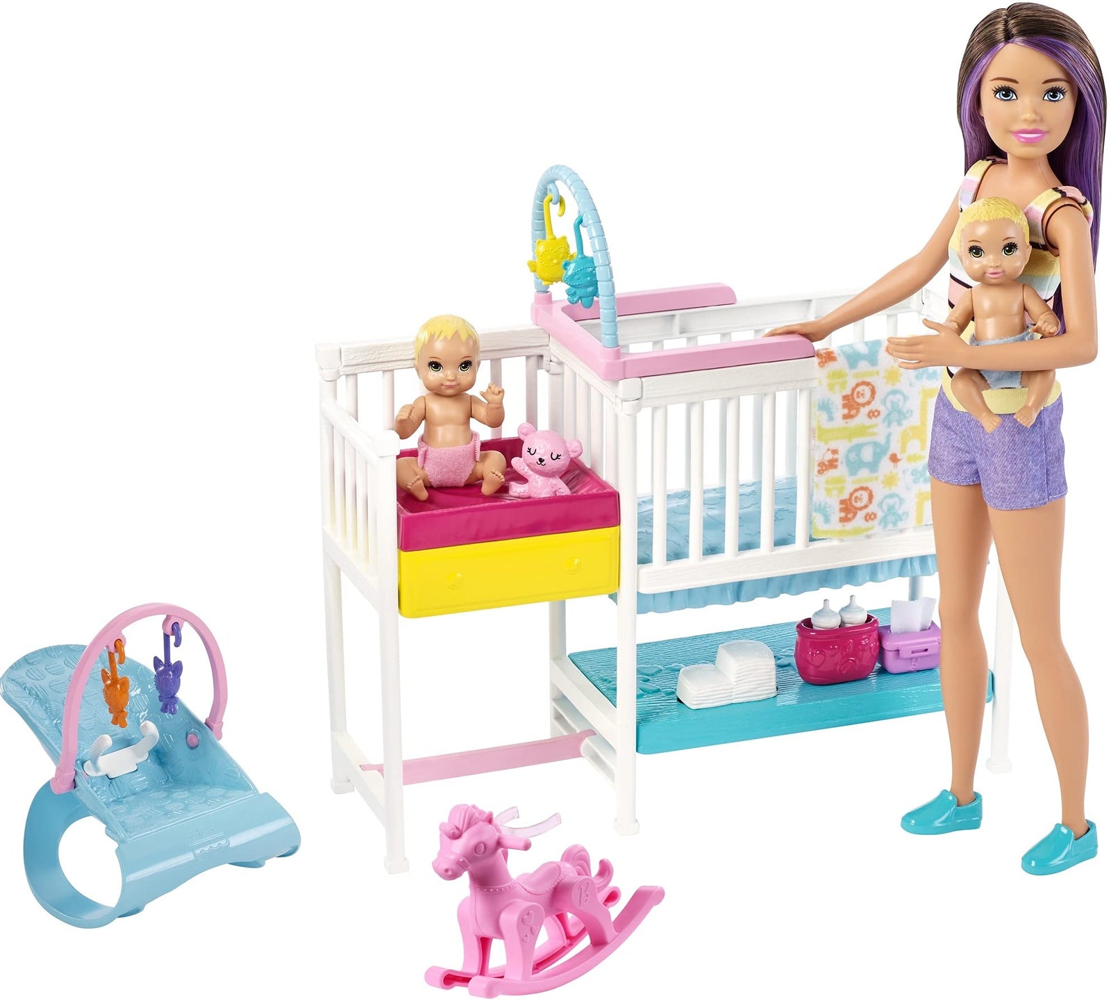 Barbie Nursery Playset with Skipper Babysitters Doll, 2 Baby Dolls, Crib and 10+ Pieces of Working Baby Gear and Themed Toys, Gift Set for 3 to 7 Year Olds, Multicolor