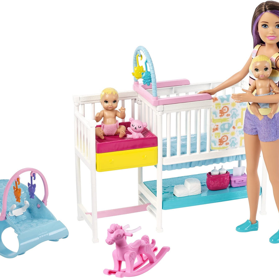 Barbie Nursery Playset with Skipper Babysitters Doll, 2 Baby Dolls, Crib and 10+ Pieces of Working Baby Gear and Themed Toys, Gift Set for 3 to 7 Year Olds, Multicolor