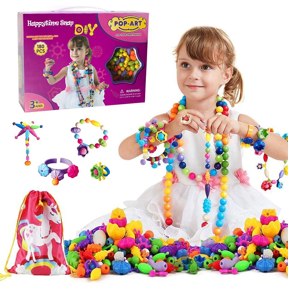 Happytime Snap Pop Beads Girls Toy 180 Pieces DIY Jewelry Marking Kit Fashion Fun for Necklace Ring Bracelet Art Kids Crafts Birthday Fun Gifts Toys for 3, 4, 5, 6, 7 ,8 Year Old Kids Girls