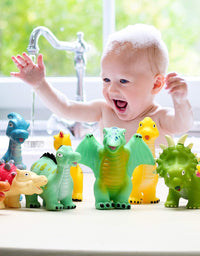 Baby Dinosaur Bath Toys for Toddler 1-3, Mold Free No Holes Bathtub Toys 12 PCS for Bathtime Shower Pool Party, with 4 Stones Decoration, Soft Baby Pool Toys for Boys, Girls
