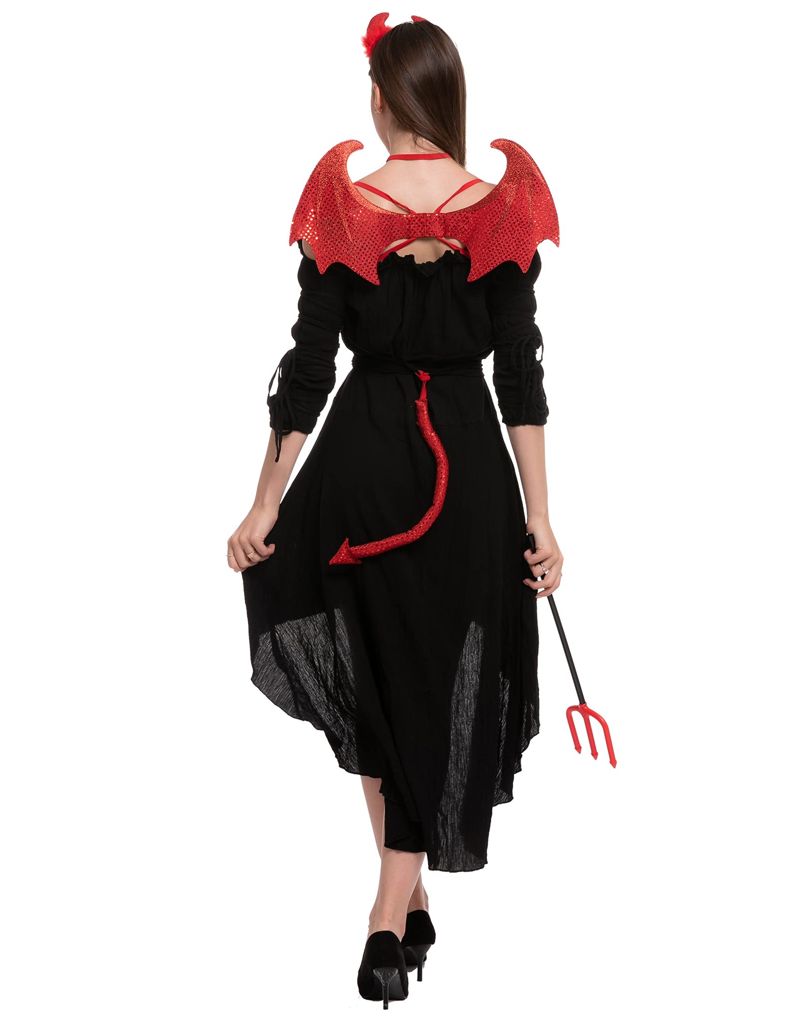 Spooktacular Creations 5 Pieces Halloween Devil Costume Set with Red Devil Wings, Devil Pitchfork, Bow Tie, Sequin Devil Horn Headband, and Devil Tail Demon Costume Accessories for Cosplay Party