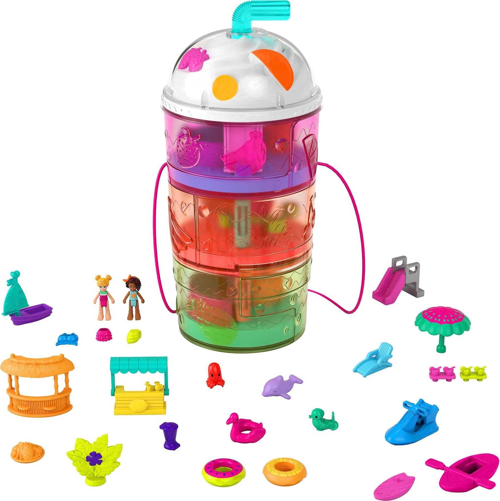 Polly Pocket Spin ‘n Surprise Compact Playset, Tropical Smoothie Shape, Waterpark Theme, 3 Floors, 25 Surprise Accessories Including Polly & Shani Dolls, Great Gift for Ages 4 Years Old & Up