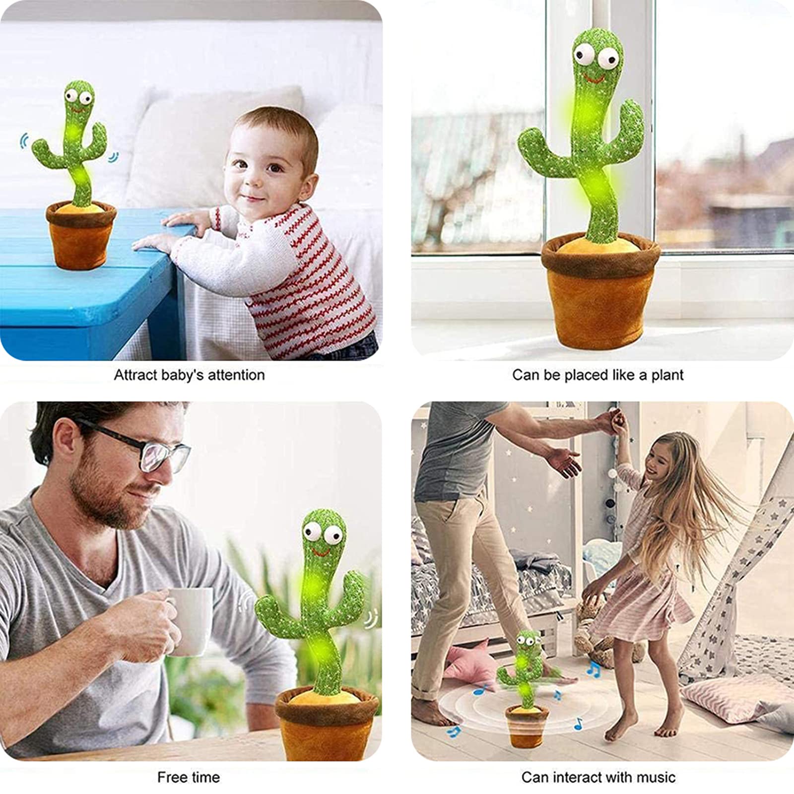 WISMAT Dancing Cactus Toy - 120 Songs Singing, Talking, Record & Repeating What You say Electric Cactus, Wiggle Mimicking Parrot Sunny Cactus Plush Toy, LED Light for Home Decor & Babies Interaction