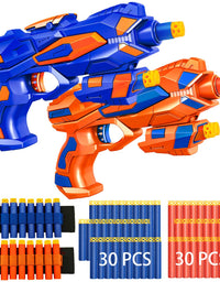 2 Pack Blaster Guns Boys Toy-with 60 Soft Foam Darts Bullets& 2 Wrist Bands for Nerf-Hand Gun Toys Gifts Party Supplies for 5,6,7,8,9 Years Kids
