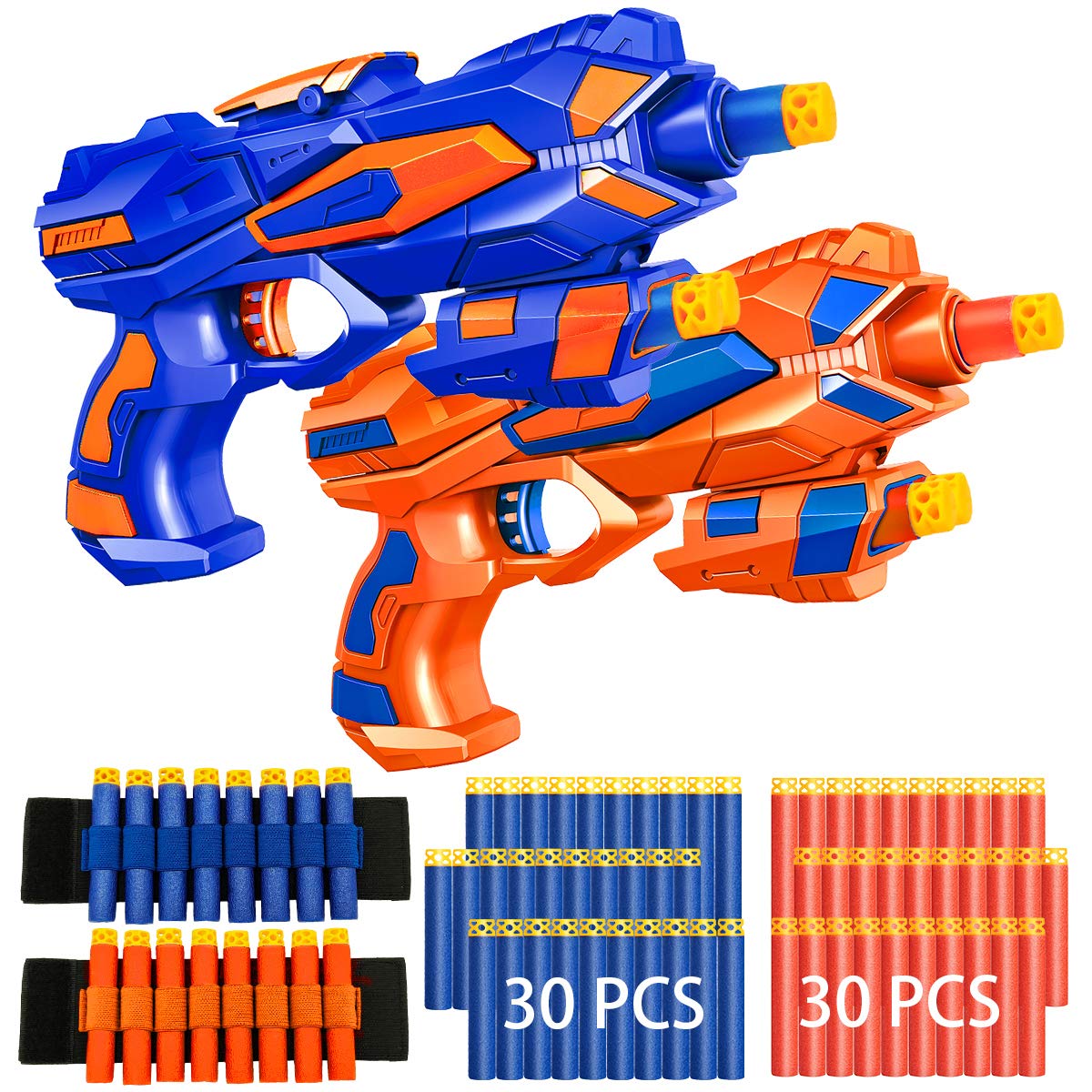 2 Pack Blaster Guns Boys Toy-with 60 Soft Foam Darts Bullets& 2 Wrist Bands for Nerf-Hand Gun Toys Gifts Party Supplies for 5,6,7,8,9 Years Kids