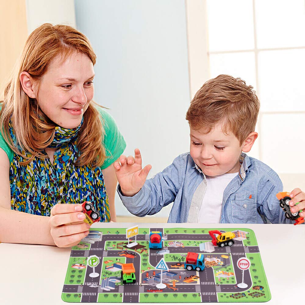 Construction Toys with Play Mat, Engineering Vehicles Set Include 6 Construction Trucks, 4 Road Signs, 14" x 18" Playmat, Pull Back Car Toys, Toys for 3 4 5 Year Old Boys Toddle Kid