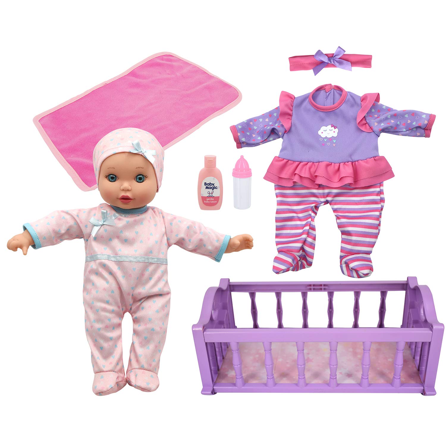 Baby Magic Crib Time Fun (6556), 12” Soft body baby doll, 6 different baby sounds, molded crib, accessories and bonus outfit. Age 2+, Caucasian [Amazon Exclusive]