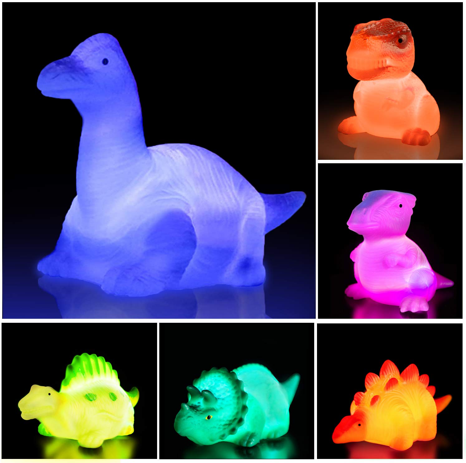Jomyfant Dinosaur Bath Toys Light Up Floating Rubber Toys(6 Packs),Flashing Color Changing Light in Water,Baby Infants Kids Toddler Child Preschool Bathtub Bathroom