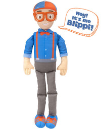 Blippi Bendable Plush Doll, 16” Tall Featuring SFX - Squeeze The Belly to Hear Classic catchphrases - Fun, Educational Toys for Babies, Toddlers, and Young Kids
