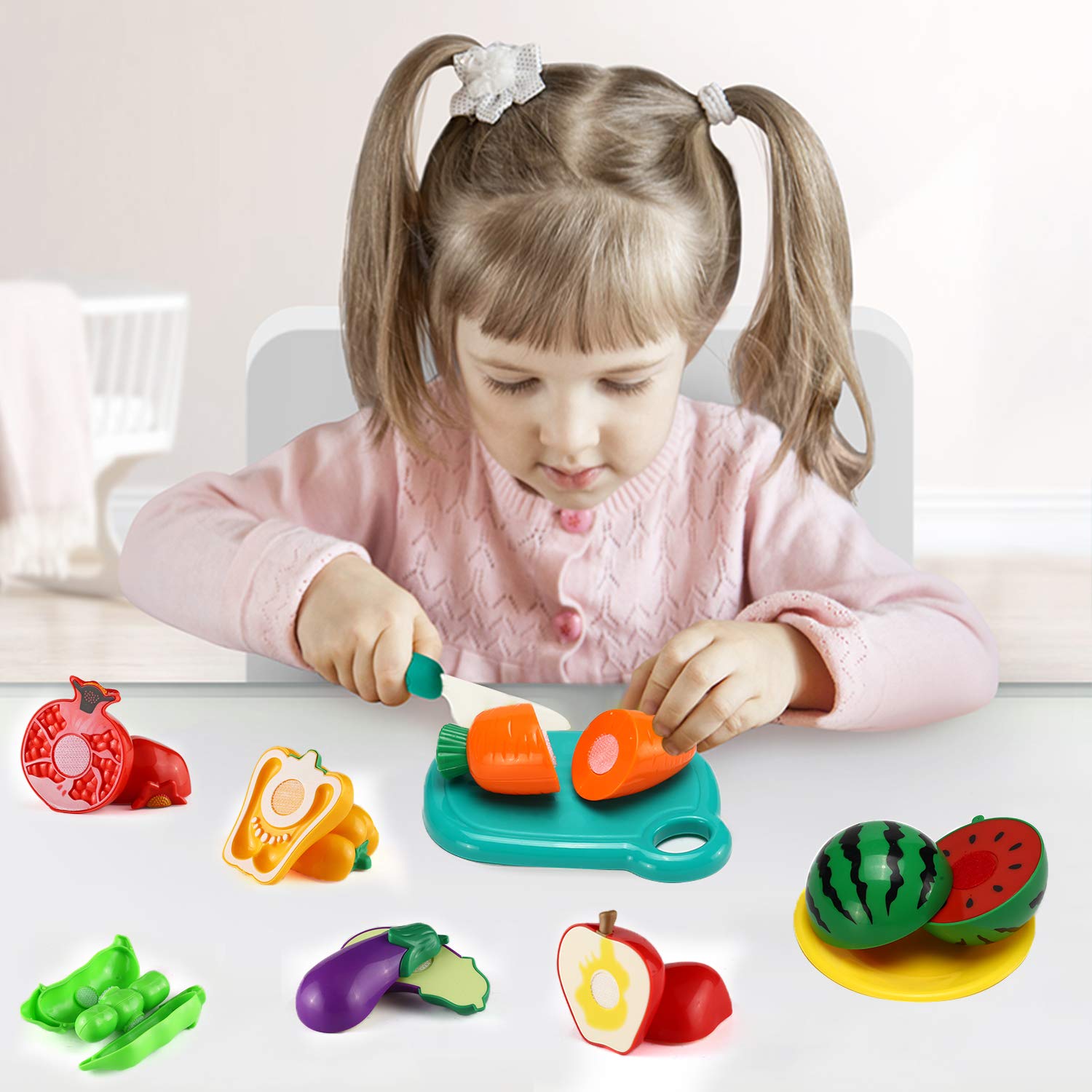70 PCS Cutting Play Food Toy for Kids Kitchen, Pretend Fruit &Vegetables Accessories with Shopping Storage Basket, Plastic Mini Dishes and Knife, Educational Toy for Toddler Children Birthday Gift