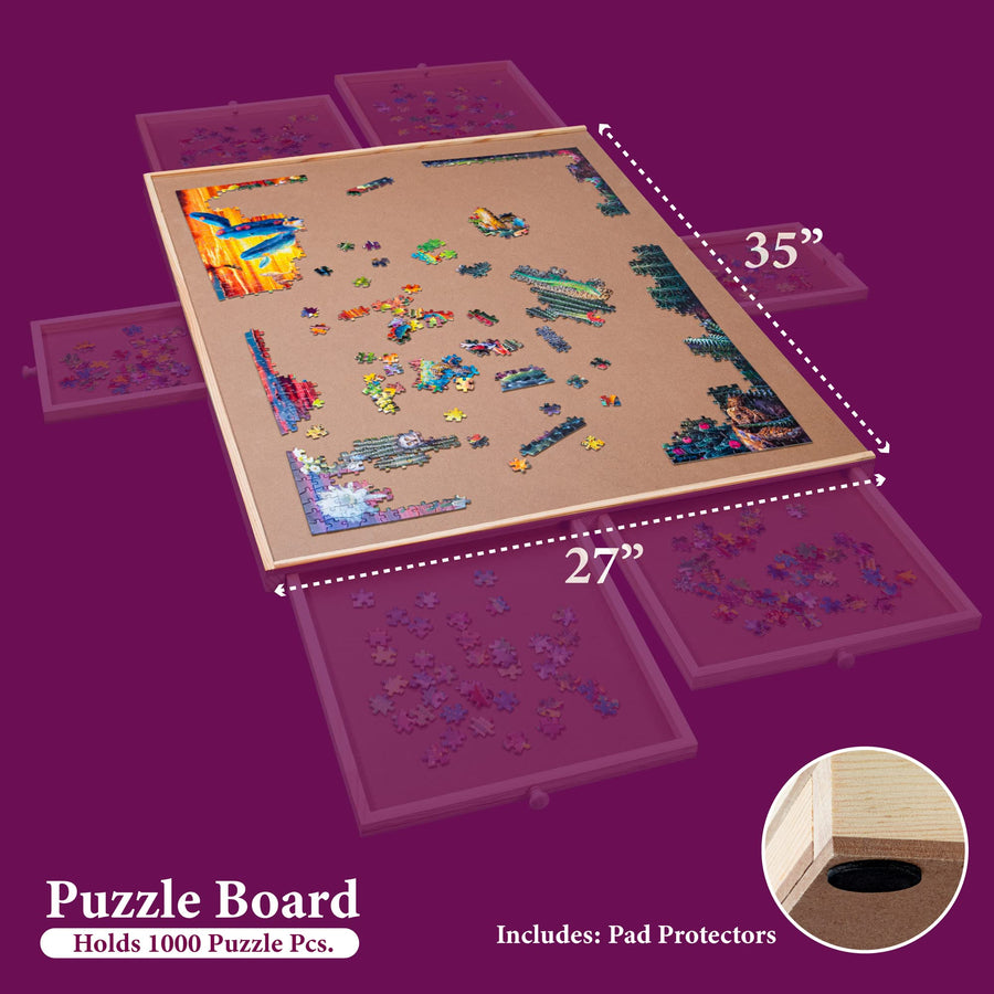 1500 Piece Wooden Jigsaw Puzzle Table - 6 Drawers, Puzzle Board | 27” X 35” Jigsaw Puzzle Board Portable - Portable Puzzle Table | for Adults and Kids