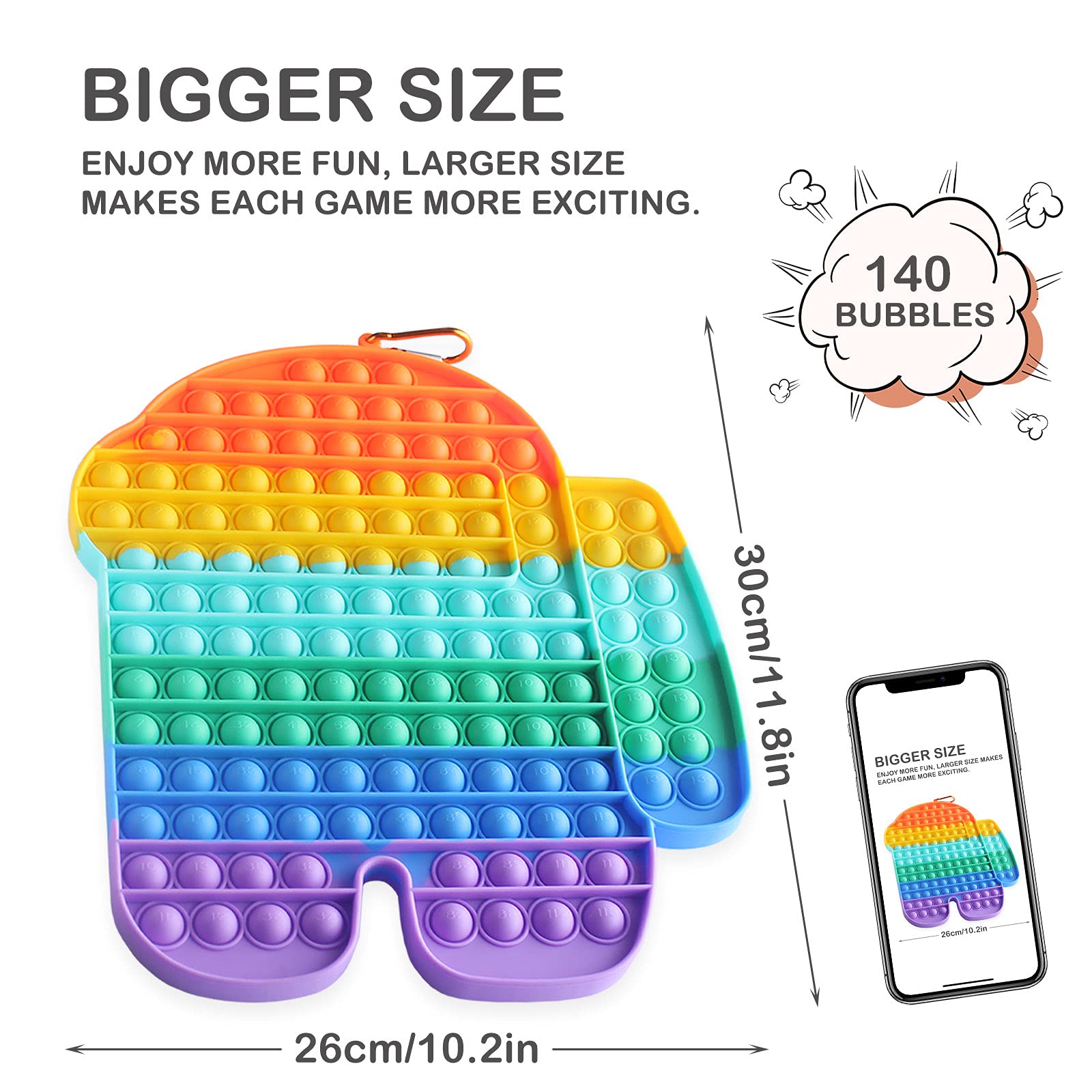 Big Size Pop Push Bubble Fidget Sensory Toy, Jumbo Rainbow Silicone Fidget Poppers, Anxiety Stress Toys Reliever Children Puzzle Game Toy Gift for Adults Kids (Rainbow)