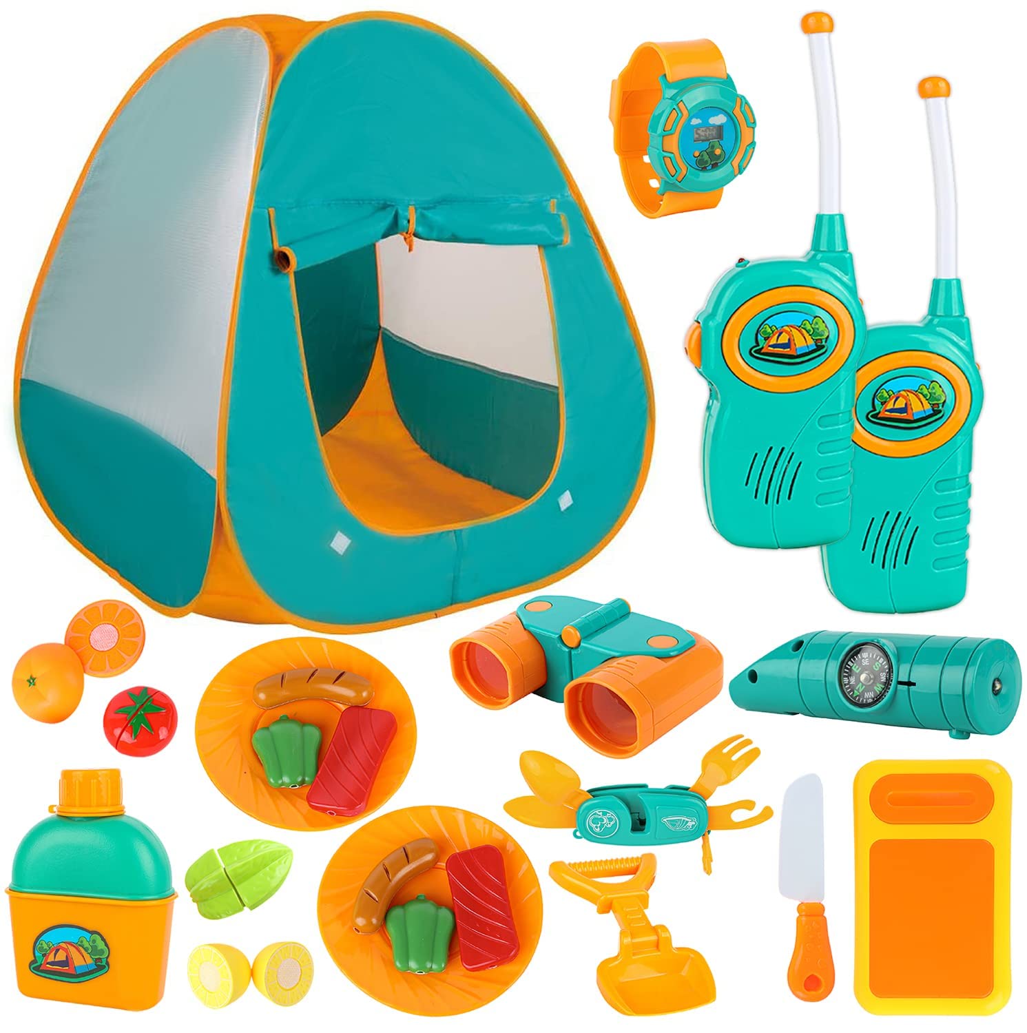 ToyVelt Kids Camping Tent Set -Includes Tent, Telescope, 2 Walkie Talkies, and Full Camping Gear Set Indoor and Outdoor Toy - Best Present for 3 4 5 6 Year Old Boys and Girls and Up. Updated Version