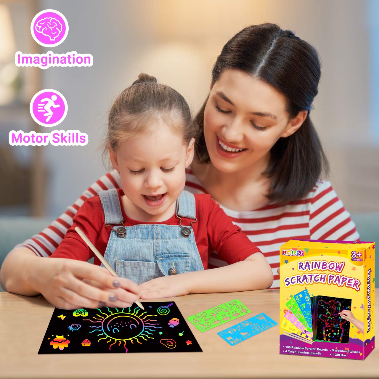 pigipigi Rainbow Scratch Paper Art - 109 Pcs Magic Scratch Off Craft Kit for Kids Color Drawing Note Pad Supply for Children Girls Boys DIY Party Favor Game Activity Birthday Christmas Toy Gift Set