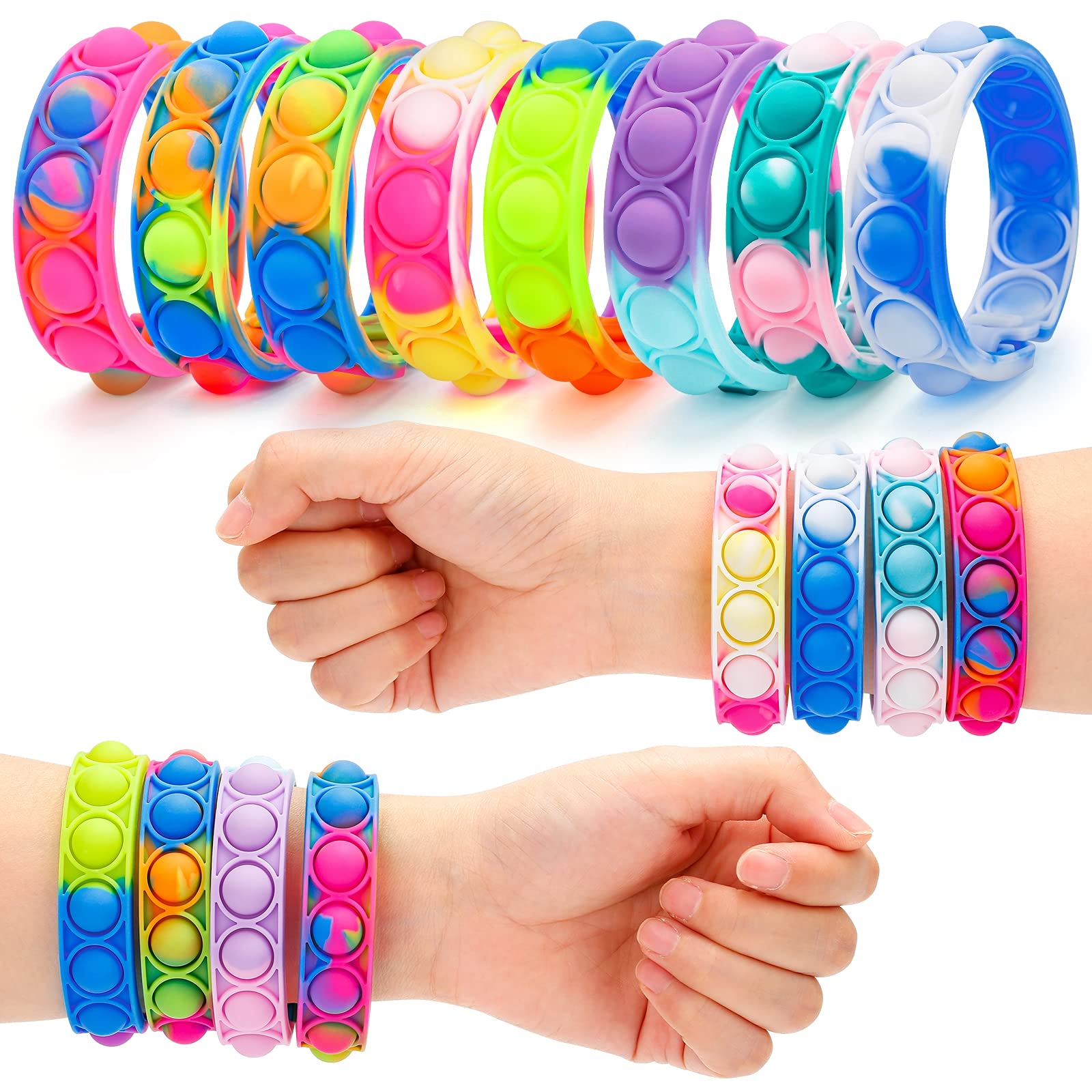 8 Pcs Stress Relief Wristband Fidget Toys, Wearable Push Pop Bubble Sensory Fidget Hand Finger Press Silicone Bracelet Toy (Rainbow-A)