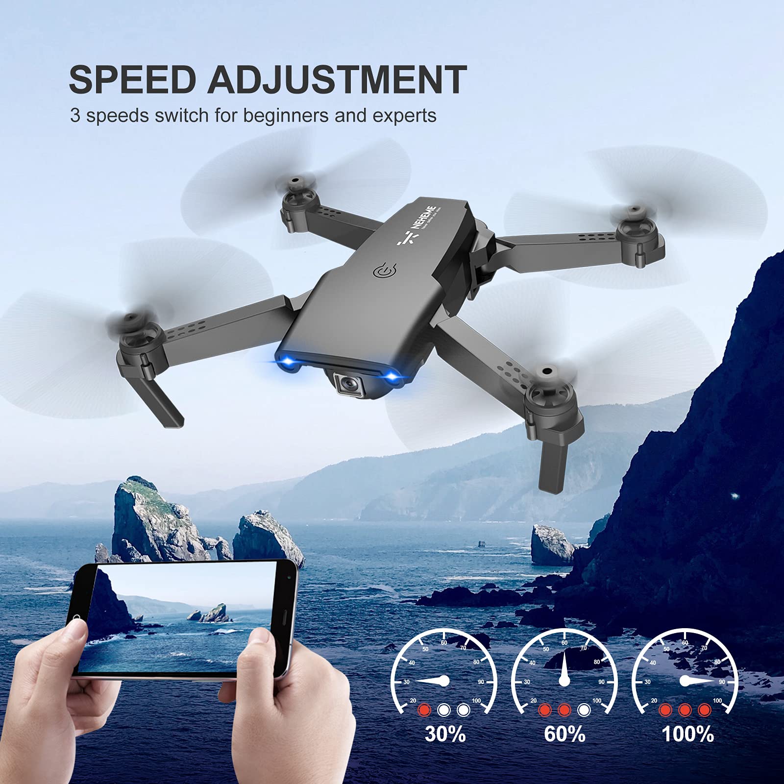 NEHEME NH525 Foldable Drones with 720P HD Camera for Adults, RC Quadcopter WiFi FPV Live Video, Altitude Hold, Headless Mode, One Key Take Off for Kids or Beginners with 2 Batteries