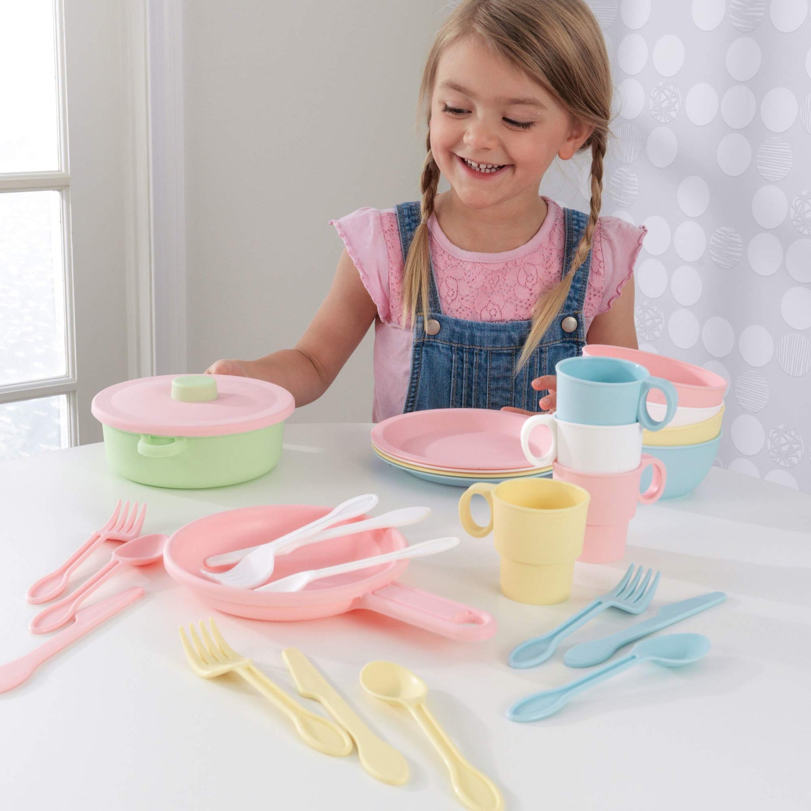 KidKraft 27-Piece Pastel Cookware Set, Plastic Dishes and Utensils for Play Kitchens, Gift for Ages 18 mo+