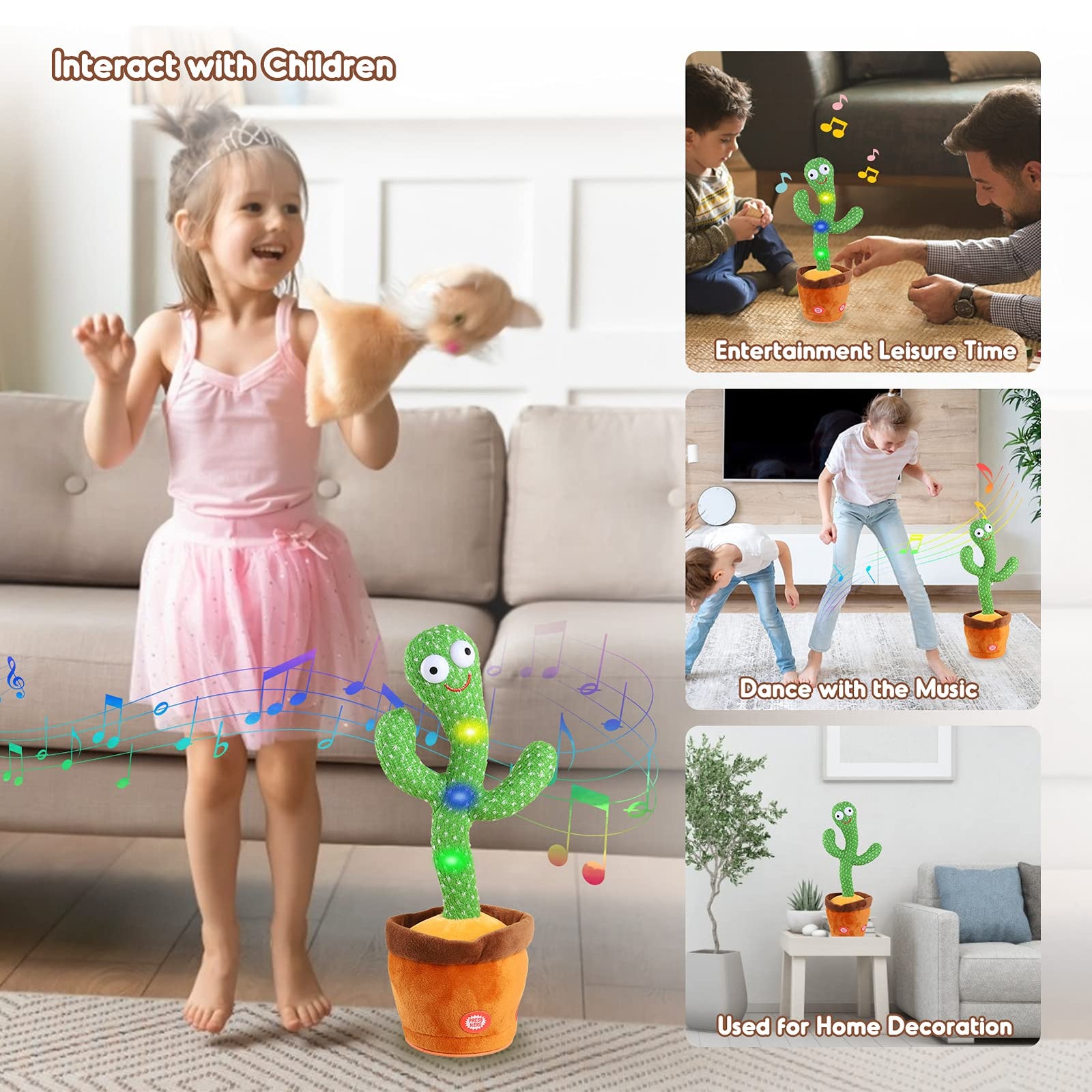 Kids Dancing Cactus Toys for Baby Boys and Girls, Talking Sunny Cactus Toy Electronic Plush Toy Singing, Record & Repeating What You Say with 120 English Songs and LED Lighting for Home Decor