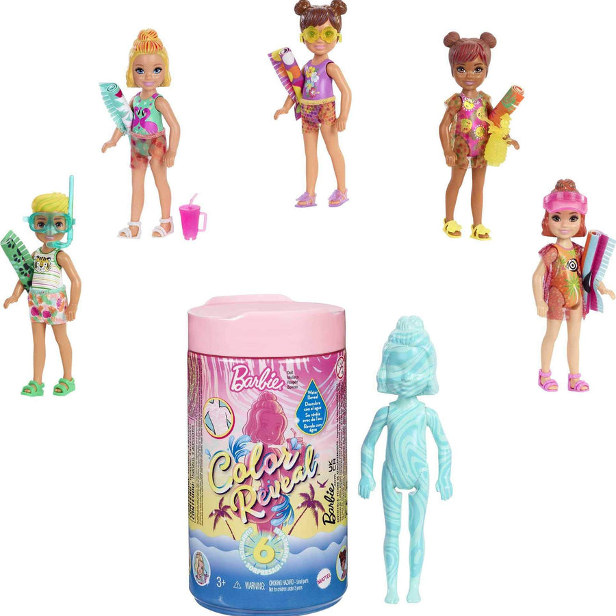 Barbie Chelsea Color Reveal Doll with 6 Surprises: 4 Bags with Cover-Up, Shoes, Towel & Accessory; Water Reveals Marble Blue Doll’s Look & Color Change on Hair; Sand & Sun Series