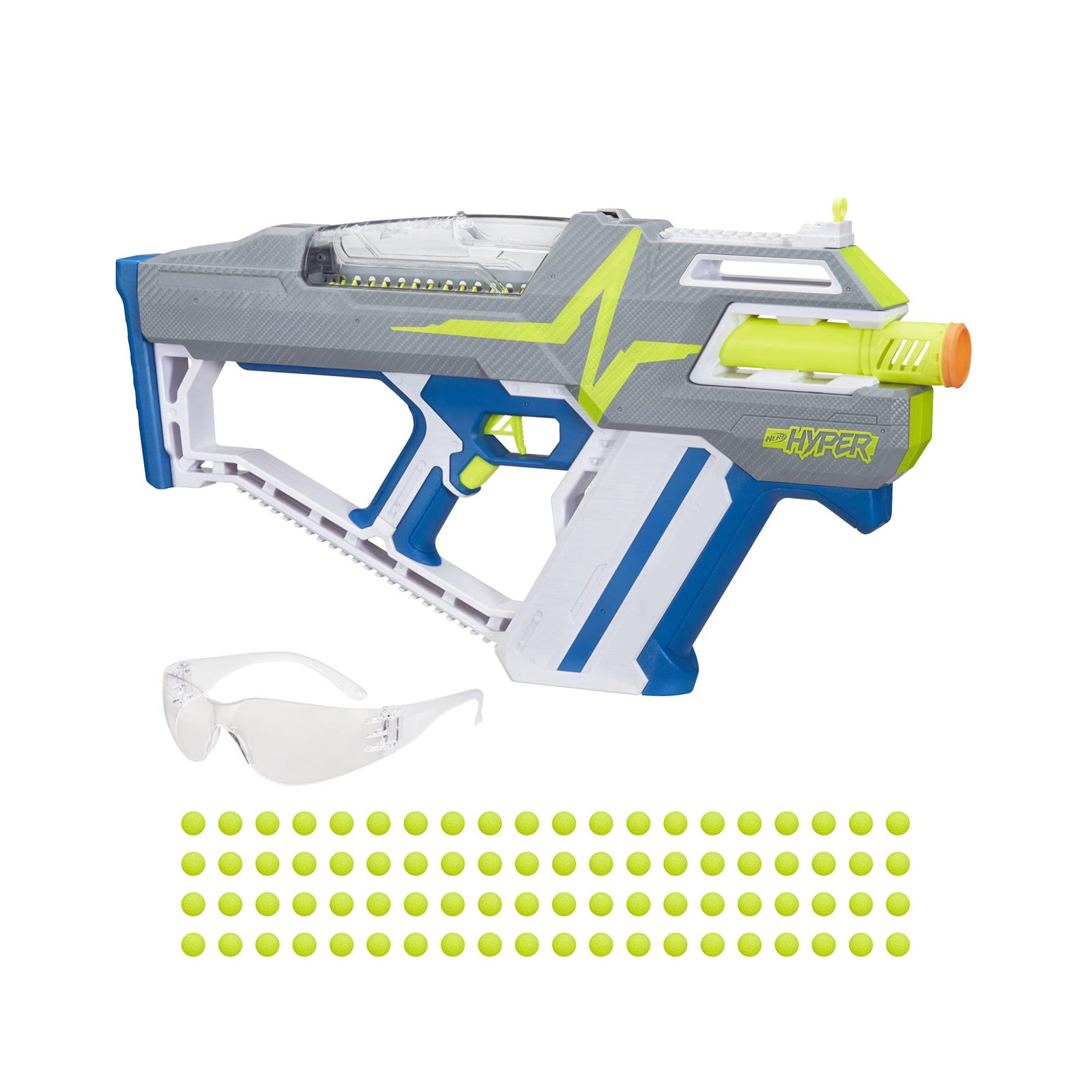 NERF Hyper Mach-100 Fully Motorized Blaster, 80 Hyper Rounds, Eyewear, Up to 110 FPS Velocity, Easy Reload, Holds Up to 100 Rounds