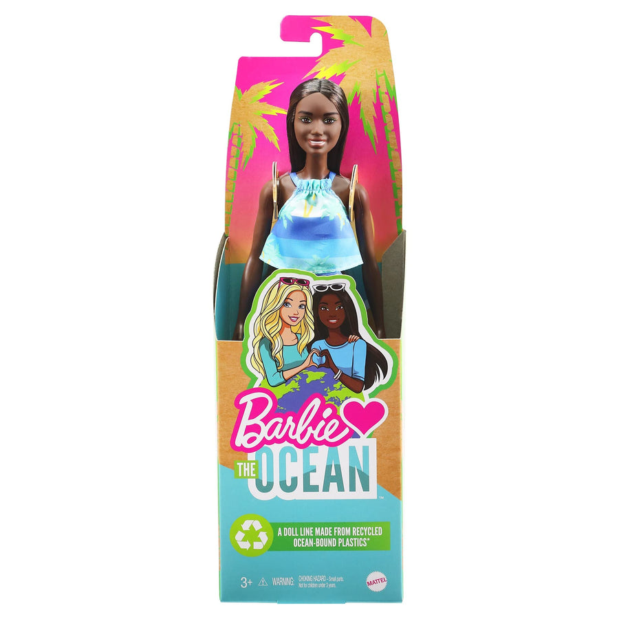 Barbie Loves The Ocean Beach-Themed Doll (11.5-inch Blonde), Made from Recycled Plastics, Wearing Fashion & Accessories, Gift for 3 to 7 Year Olds