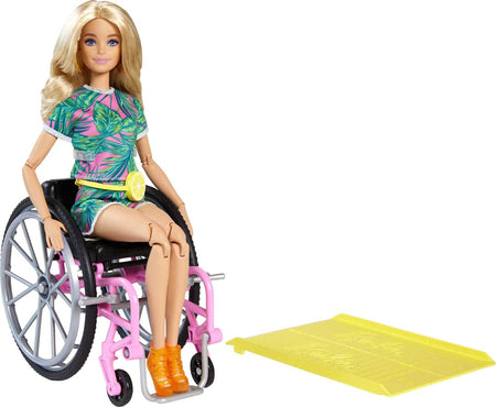 Barbie Fashionistas Doll #165, with Wheelchair & Long Blonde Hair Wearing Tropical Romper, Orange Shoes & Lemon Fanny Pack, Toy for Kids 3 to 8 Years Old