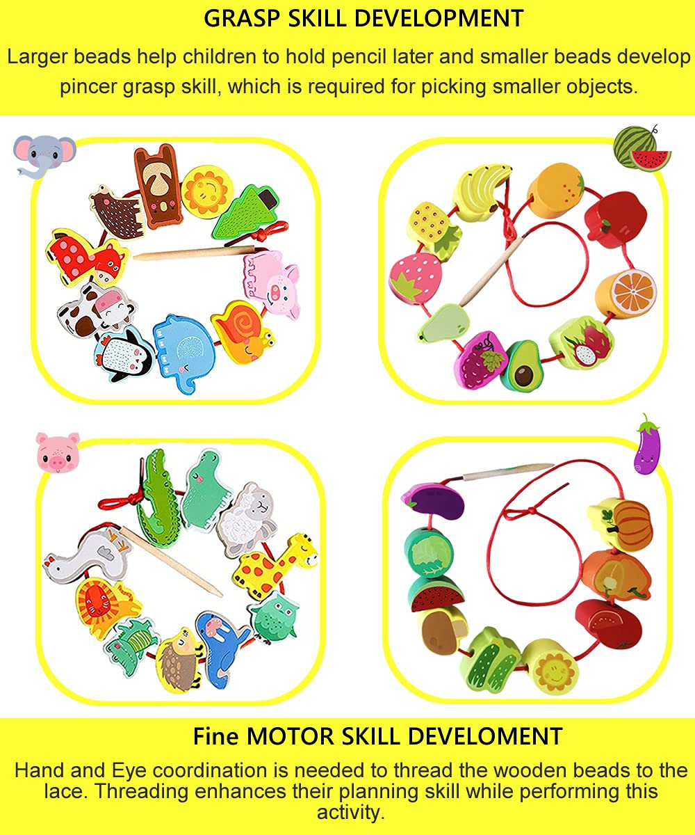 BMTOYS Montessori Educational Threading Toys Wooden Stringing Farm Animals Fruits Lacing Beads Preschool Toy for Toddler 18 Month 1 2 3 4 5 Year Old Boys Girls