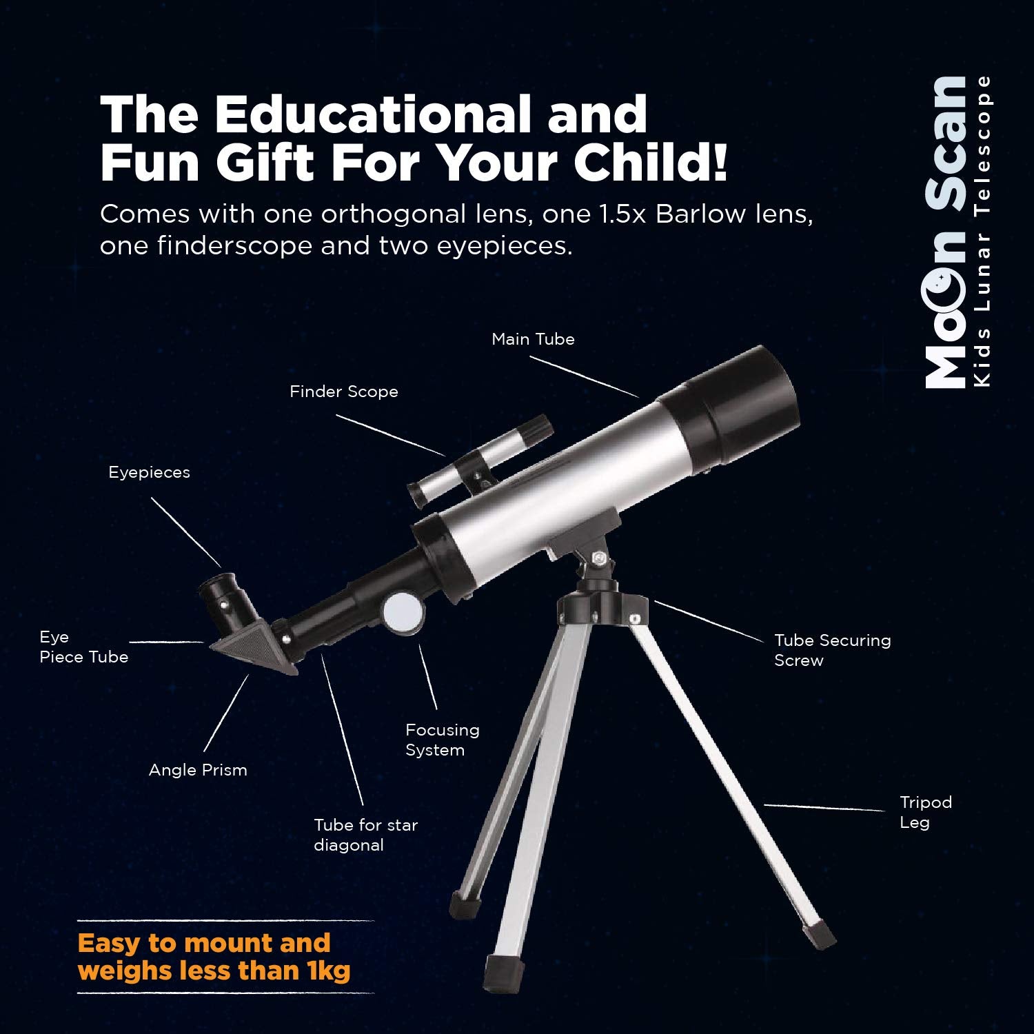 Surefect Nasa Lunar Telescope for Kids Capable of 90x Magnification, Includes 2 Eyepieces - Portable & Easy To Use Lightweight Portable Telescope