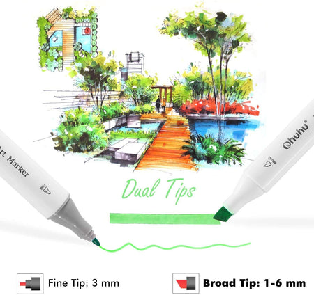 Ohuhu Alcohol Markers, Double Tipped Art Markers for Kids, Adults Coloring Illustrations, Alcohol-based Ink, 40 Unique Colors + 1 Blender + 1 Marker Case, Chisel & Fine, Oahu Series of Ohuhu Markers