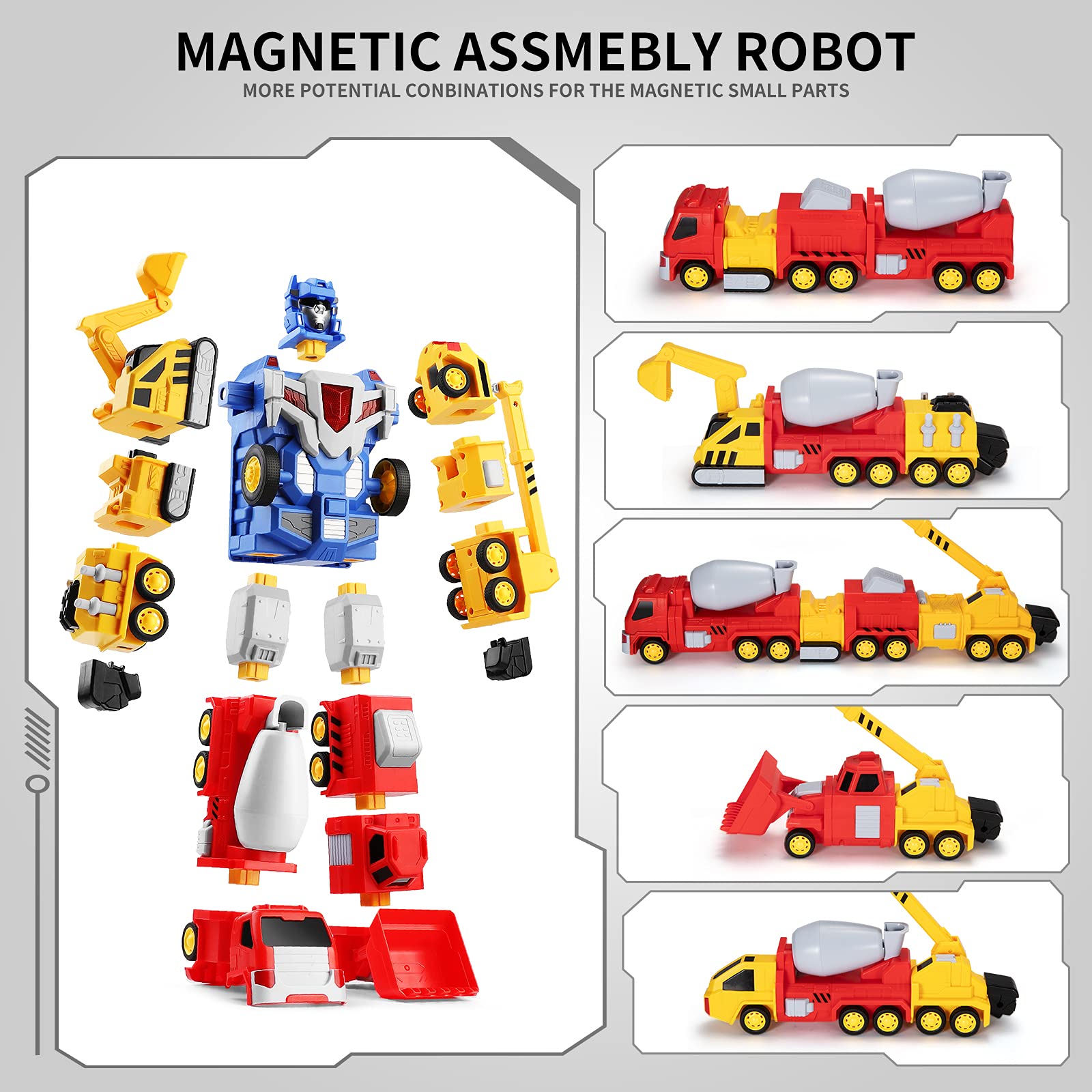 SNAEN Toys for 3 4 5 6 7 Year Old Boys - Construction Vehicles Transform Robot Kids Toys, STEM Building Toddler Toys for Kids Ages 4-8 w/ Pull-Back Toys, 5-in-1 Trucks Gifts for Boys Girls