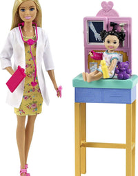 Barbie Pediatrician Playset, Blonde Doll (12-in), Exam Table, X-ray, Stethoscope, Tool, Clip Board, Patient Doll, Teddy Bear, Great Gift for Ages 3 Years Old & Up
